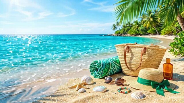 Beach vacation setup with straw hat sunglasses towel and seashells on sandy shore. Tropical summer getaway essentials by turquoise ocean. Relaxation and holiday travel concept