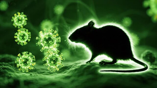 Conceptual Mouse Silhouette Virus Particles Hanta Virus Transmission Microscopic Infection Visualization Digital Green Glow