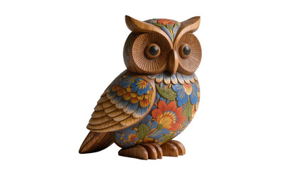 Obraz premium Wooden owl sculpture with colorful floral carvings