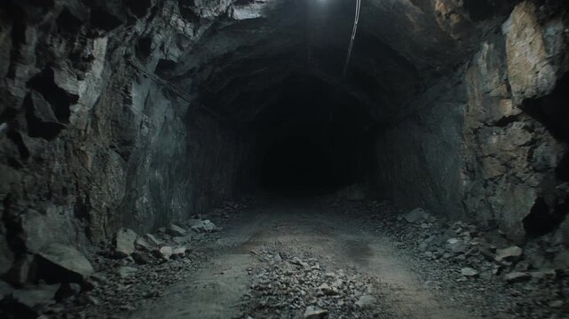 Dark abandoned underground mine tunnel with wet rocky ground and a single hanging light video clip