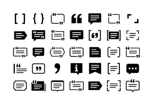 Text Brackets Quotes. Solid glyph icon set of text brackets quote box frame texting quote brackets boxes and quotation: square bracket, curly bracket, quote box frame, quotation marks, speech panel,