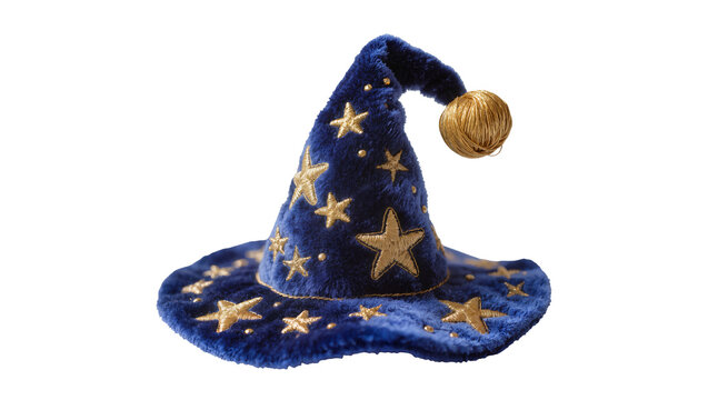 Blue plush wizard hat with gold stars and pompom