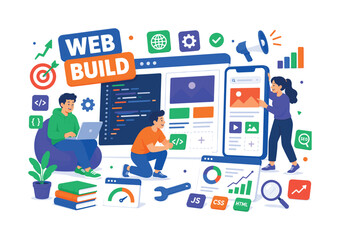 Fototapeta premium Web Development Studio Modern web development banner featuring 3 expressive stylized human characters interacting with an oversized programming screen and giant mobile app board, developer toolkit,
