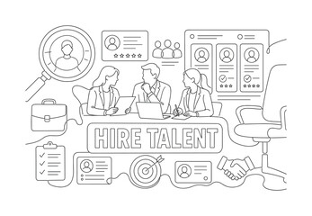 Obraz premium Headhunting Recruitment Career. Clean one-line drawing banner composition showing oversized candidate search magnifier and resume board spanning all edges, 3 recruiters reviewing career, work group,