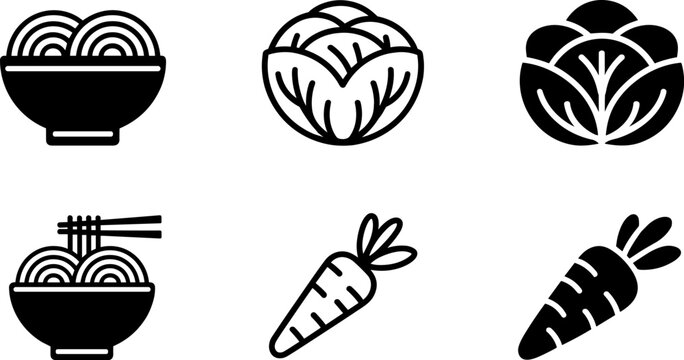 Black and white food icons showing noodles, cabbage, and carrots representing cooking, healthy eating, agriculture, nutrition, and culinary design themes