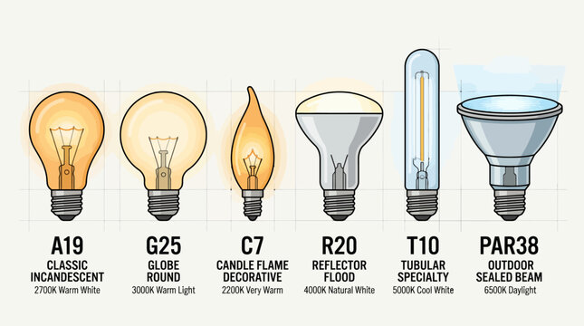 A collection of various light bulb shapes and types for home and commercial lighting.