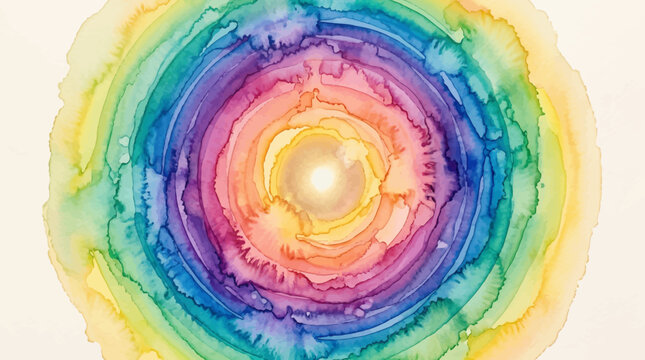 Abstract circular rainbow watercolor painting background.