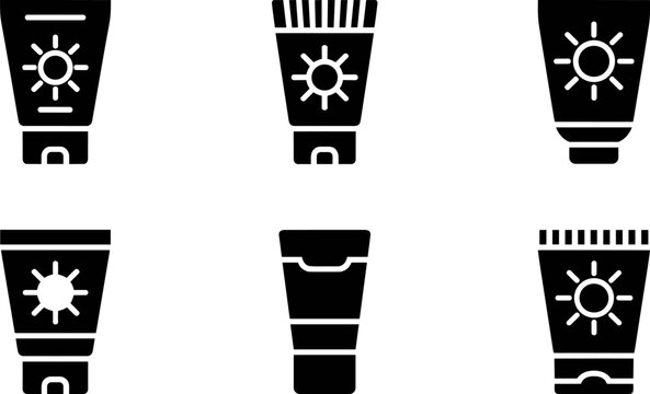 Black and white sunscreen tube icons with sun symbols representing sun protection, skincare, health products, summer, and dermatology design themes