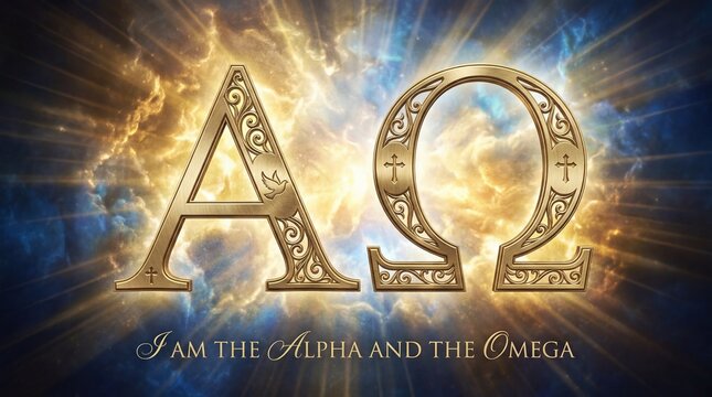 Golden Alpha and Omega symbols with radiant cosmic background