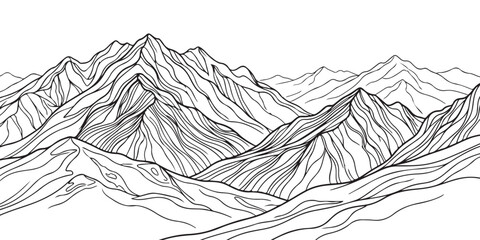 Black and white line art drawing of a mountain range landscape ©  Designer