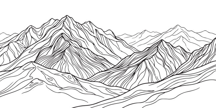 Black and white line art drawing of a mountain range landscape