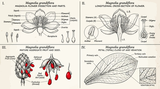 Botanical illustration of Magnolia grandiflora showing flower anatomy fruit and leaves.