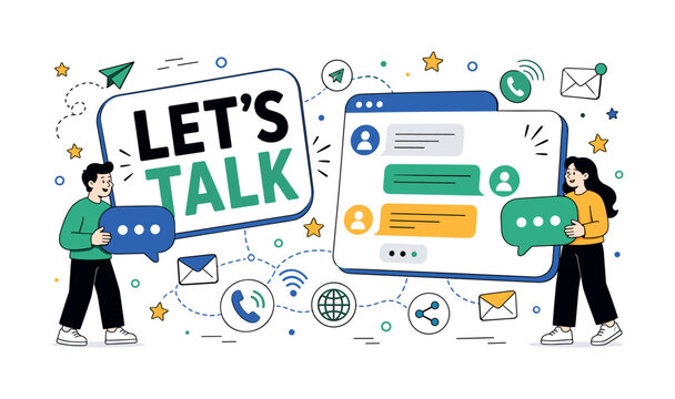 Communication Message Network. Clean banner scene about communication and message exchange, with two geometric characters holding oversized chat bubbles and a large connected message panel spread