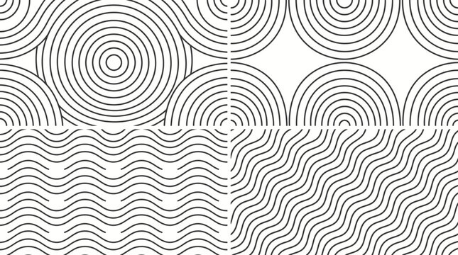 Set of Abstract Geometric Patterns with Concentric Circles and Wavy Lines.