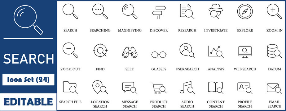 Search icon set. Containing magnifying glass, find, research, SEO and investigate icons. Solid icon collection. Vector illustration.