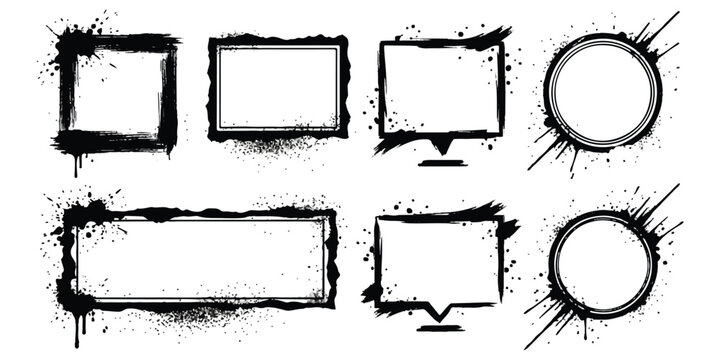 Set of black ink grunge frames and speech bubbles with paint splatters