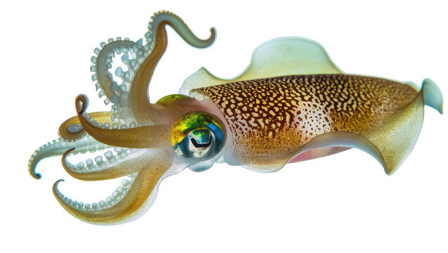 Detailed view of a cuttlefish with speckled skin and iridescent eye