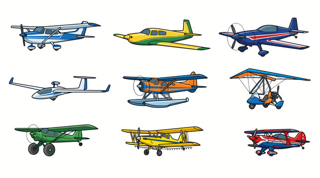 Set of colorful hand-drawn light aircraft and small airplanes.
