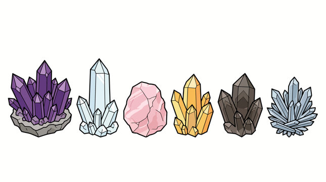 Set of colorful cartoon crystals and gemstones illustration.