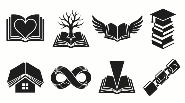 Set of creative book icons and education symbols.