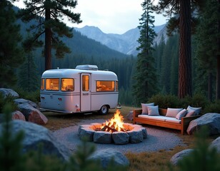 Vintage caravan rests in mountain forest. Warm campfire glows near outdoor sofa. Cozy campsite with trees and rocky terrain. Peaceful nature escape.