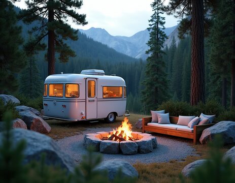 Vintage caravan rests in mountain forest. Warm campfire glows near outdoor sofa. Cozy campsite with trees and rocky terrain. Peaceful nature escape.