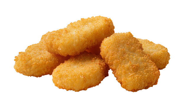 Golden crispy chicken nuggets pile, close-up view