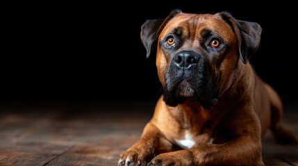 An expressive boxer dog poses majestically against a dark background, showcasing its soulful eyes and distinguished features that evoke emotions of loyalty and companionship.