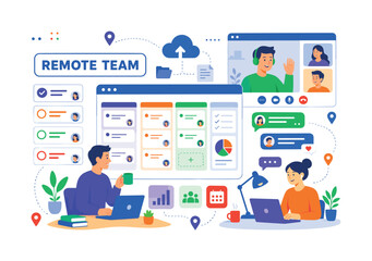 Fototapeta premium Remote Team Management banner, lively distributed work scene with 3 expressive stylized human characters interacting with oversized cloud workplace board and giant project tracker screen, video call