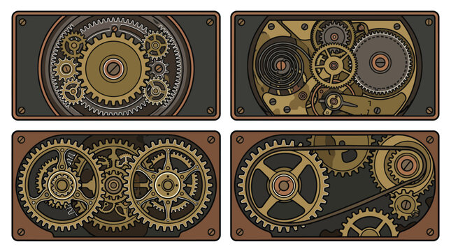 Set of four rectangular mechanical steampunk gear panels.