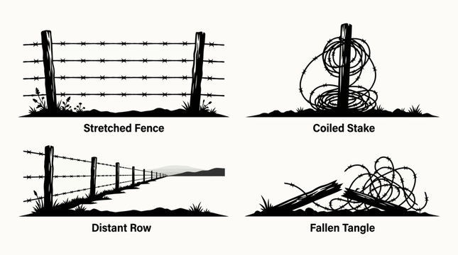 Set of hand drawn barbed wire fence illustrations.