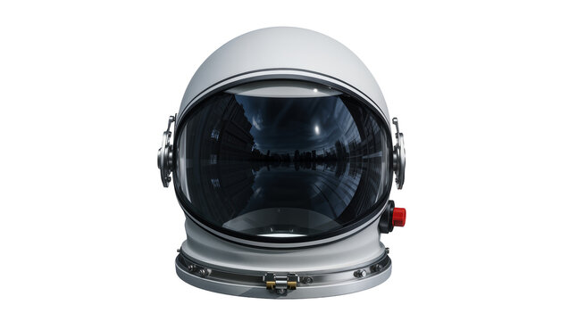 Astronaut helmet with reflective visor showing city skyline