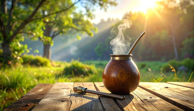 Steaming beverage in a wooden gourd with a straw on a rustic table amidst a sunlit natural landscape, ideal for a tranquil moment