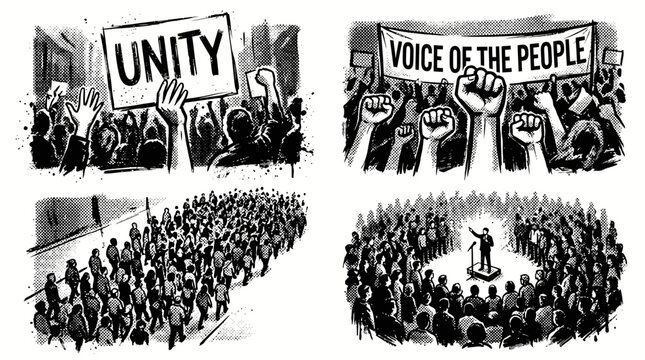Set of ink illustrations showing social movements and public gatherings.