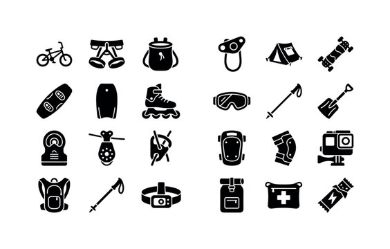 Adrenaline Gear Marks. Solid glyph icon set of adventure and extreme sports equipment: bmx bike, climbing harness, chalk bag, belay device, cliff tent, mountain board, wakeboard, bodyboard, roller