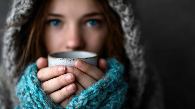 A close-up of a young woman in a cozy sweater gently holding a warm cup, evoking feelings of warmth, comfort, and serenity during a cold moment, perfect for seasonal themes.