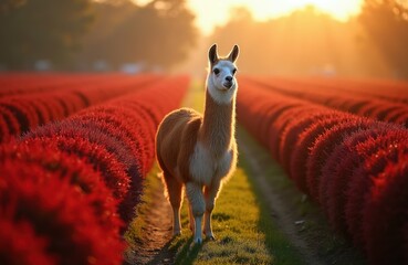 Fototapeta premium Llama stands in rows of red flowers during golden hour sunset light. Cute fluffy animal with soft fur looks at camera in open field. Warm sun illuminates natural scenery.
