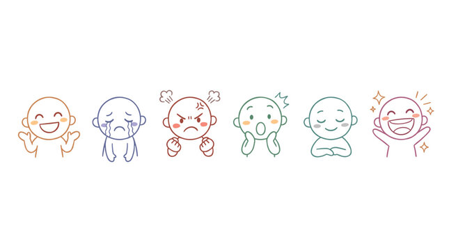 Six cartoon faces depicting various human emotions from happiness and sadness to anger and surprise in a simple illustrative style.