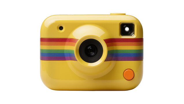 Yellow instant camera with rainbow stripes and orange button