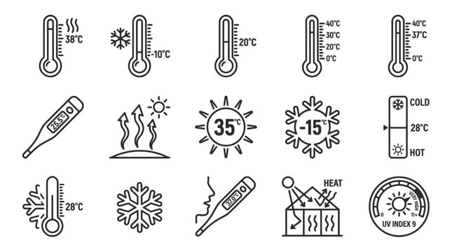 Set of temperature and weather line icons.