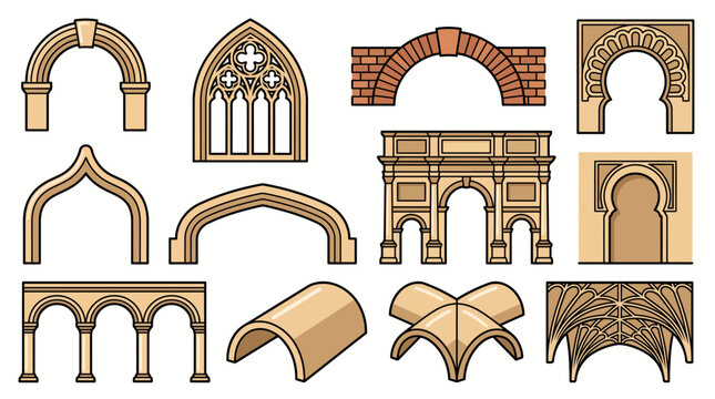 Set of various architectural arches and vault types.