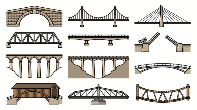 Set of Various Types of Bridges Architecture Icons.