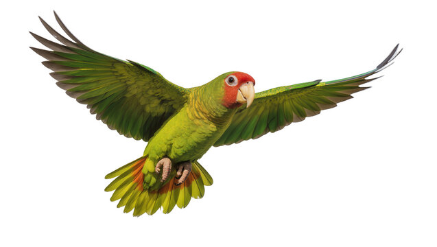Green parrot with red face flying with wings spread