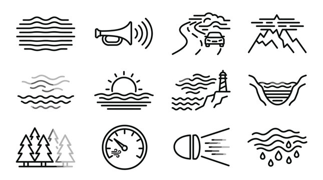 Set of weather and travel icons representing fog and visibility.