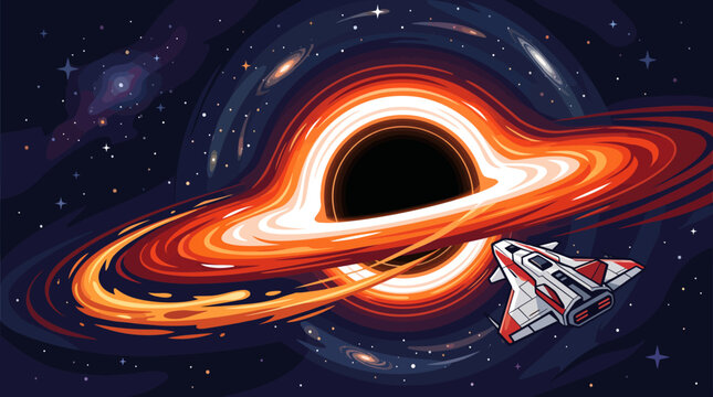 Spaceship flying near a glowing black hole in deep space.