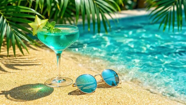 Blue cocktail glass with starfruit and mint garnish on sandy beach. Tropical drink next to sunglasses near swimming pool. Summer vacation refreshment and relaxation concept in paradise setting