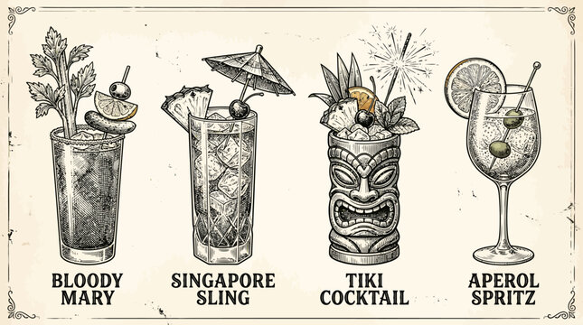 Vintage Hand Drawn Set of Famous Alcoholic Cocktails.