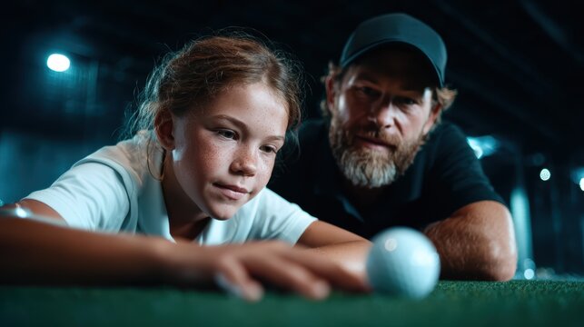 A heartwarming scene showcasing a father and daughter bonding over golf as they focus intently on making a perfect shot on the green in a well-lit indoor environment.