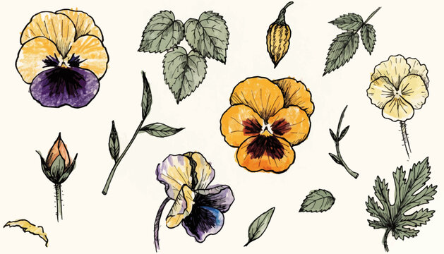 Hand-drawn purple pansies and leaves doodle illustration set