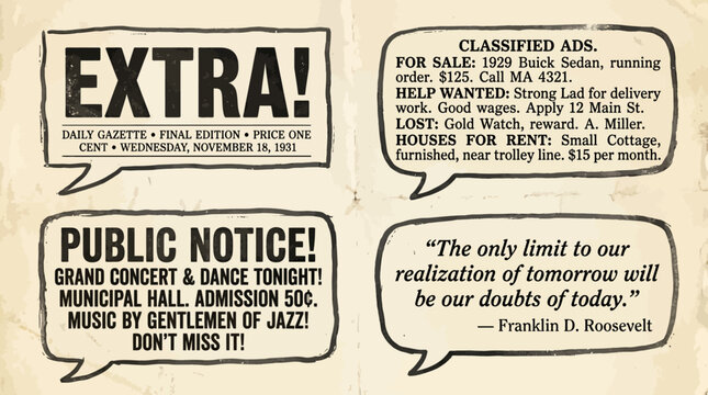 Vintage newspaper style speech bubbles featuring historical advertisements and notices.